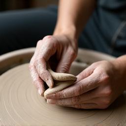 Artisan's hands delicately shaping clay on a pottery wheel, emphasizing focus and intention.
